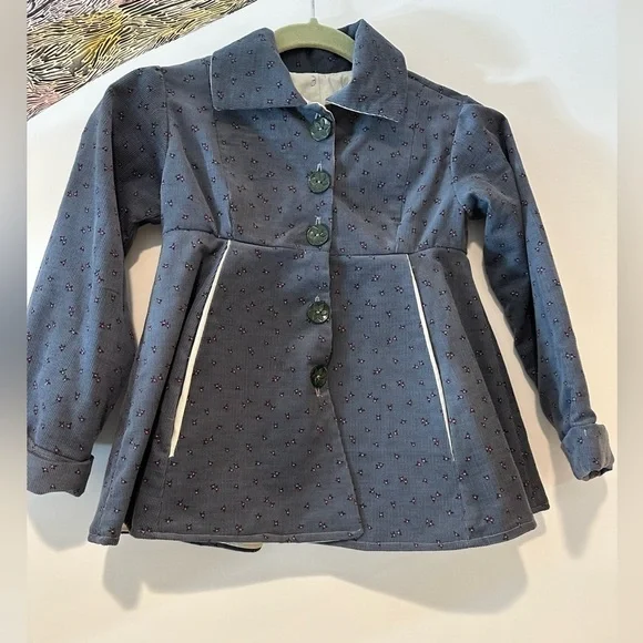Handmade vintage corduroy floral dusty blue girls pea coat estimate sz 3 - Picture 1 of 7
